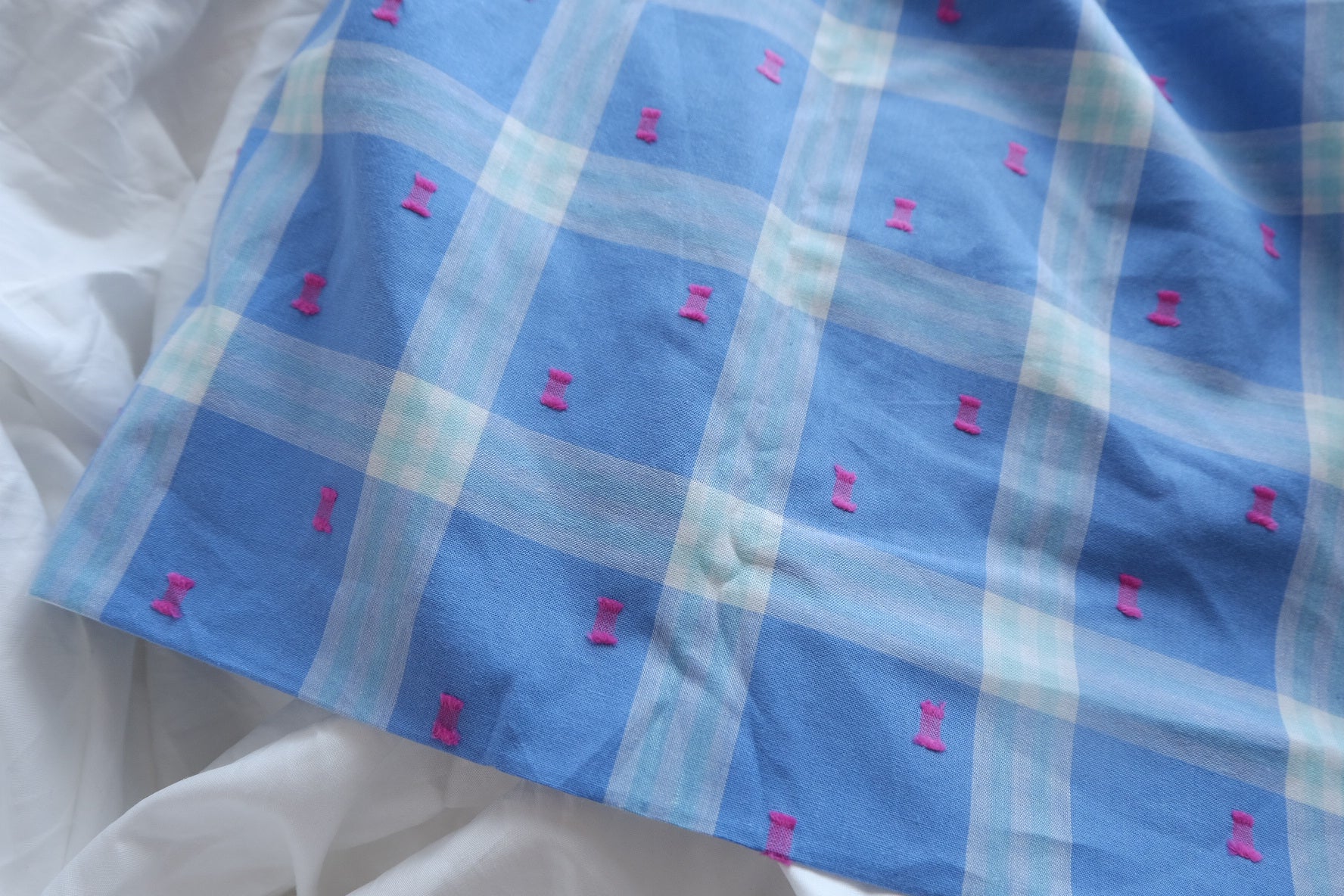 Blue Plaid Clip-Dot Cotton Fabric - 2.19 yd