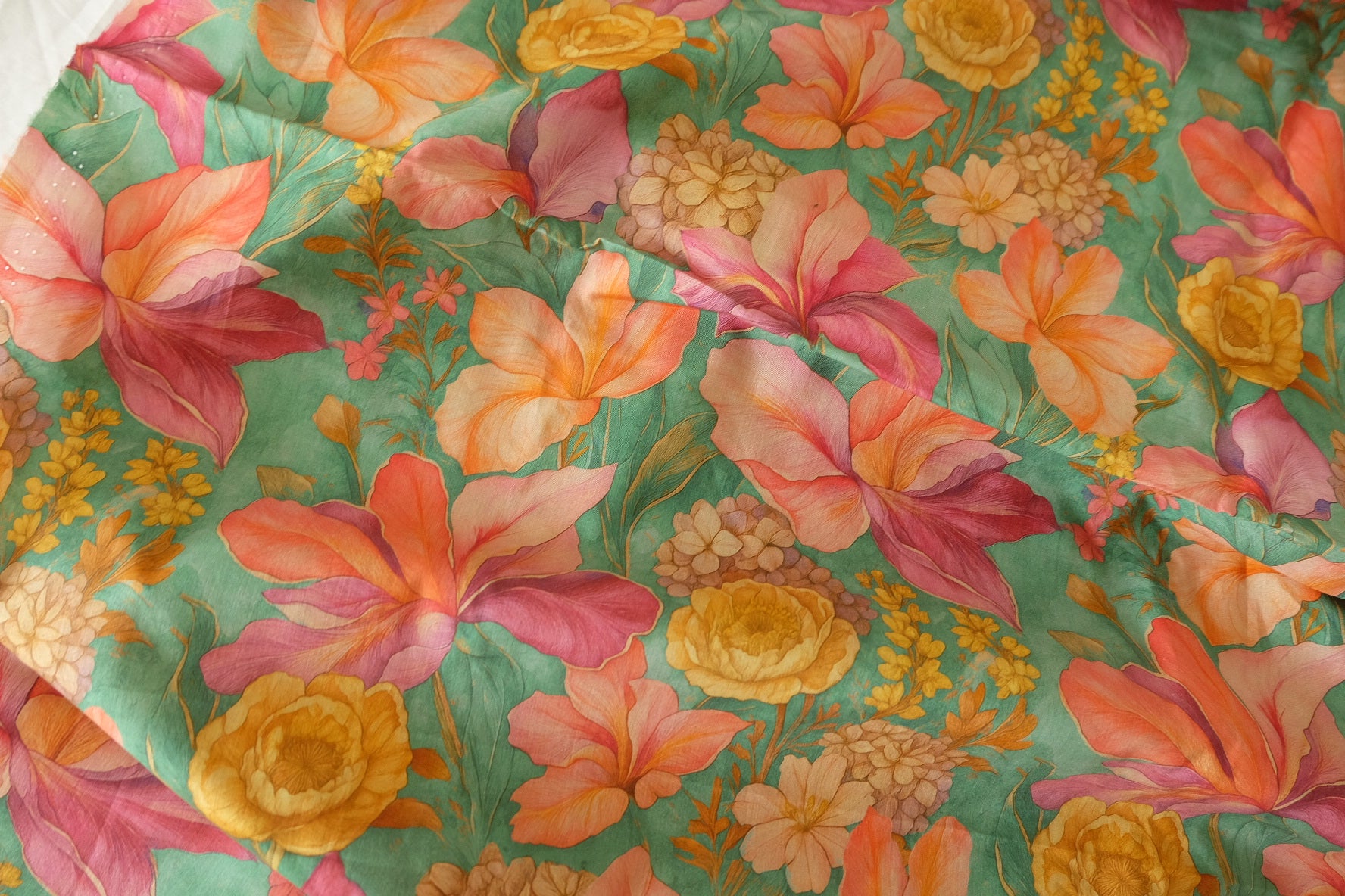 Tropical Floral Cotton Lawn Fabric in Green - 3.3 yd