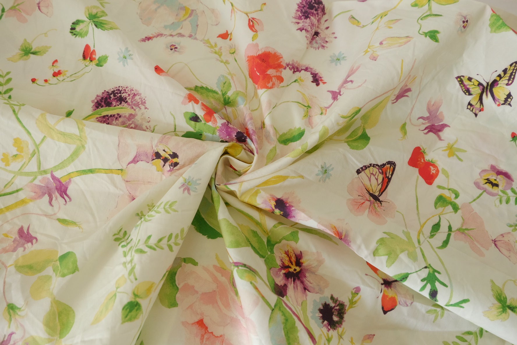 Watercolor Wildflower Butterfly Cotton Poplin Fabric – 60s Cotton Print – 1 yd