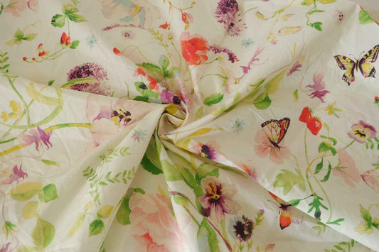 Watercolor Wildflower Butterfly Cotton Poplin Fabric – 60s Cotton Print – 1 yd
