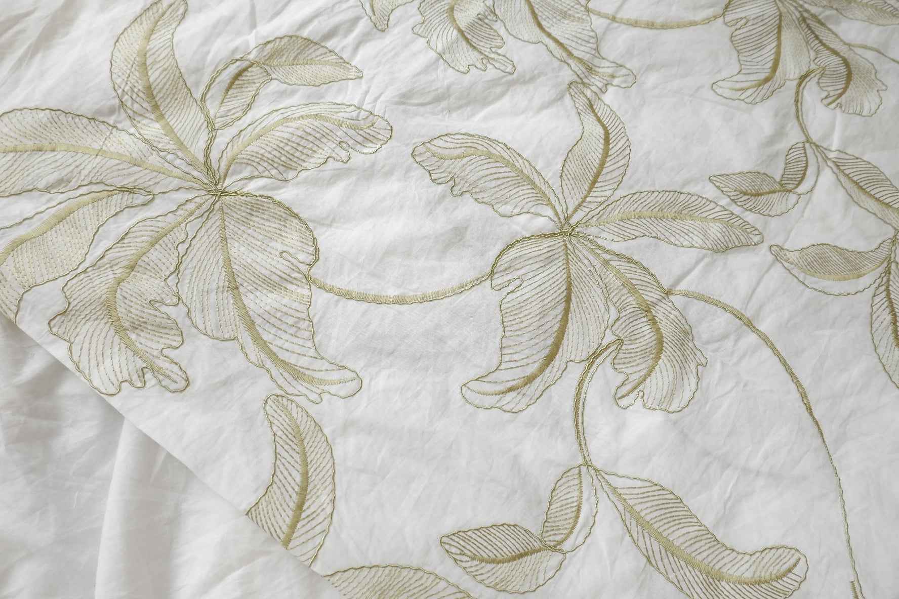 Embroidered Cotton Fabric, Ivory with Soft Botanical Vine Motifs, 2.84 Yards