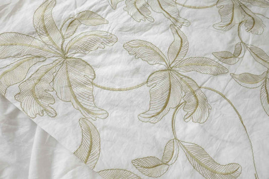 Embroidered Cotton Fabric, Ivory with Soft Botanical Vine Motifs, 2.84 Yards