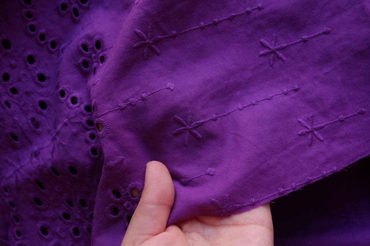 Royal Purple Floral Eyelet Embroidered Cotton with Double Scalloped Borders – 3.28 yd