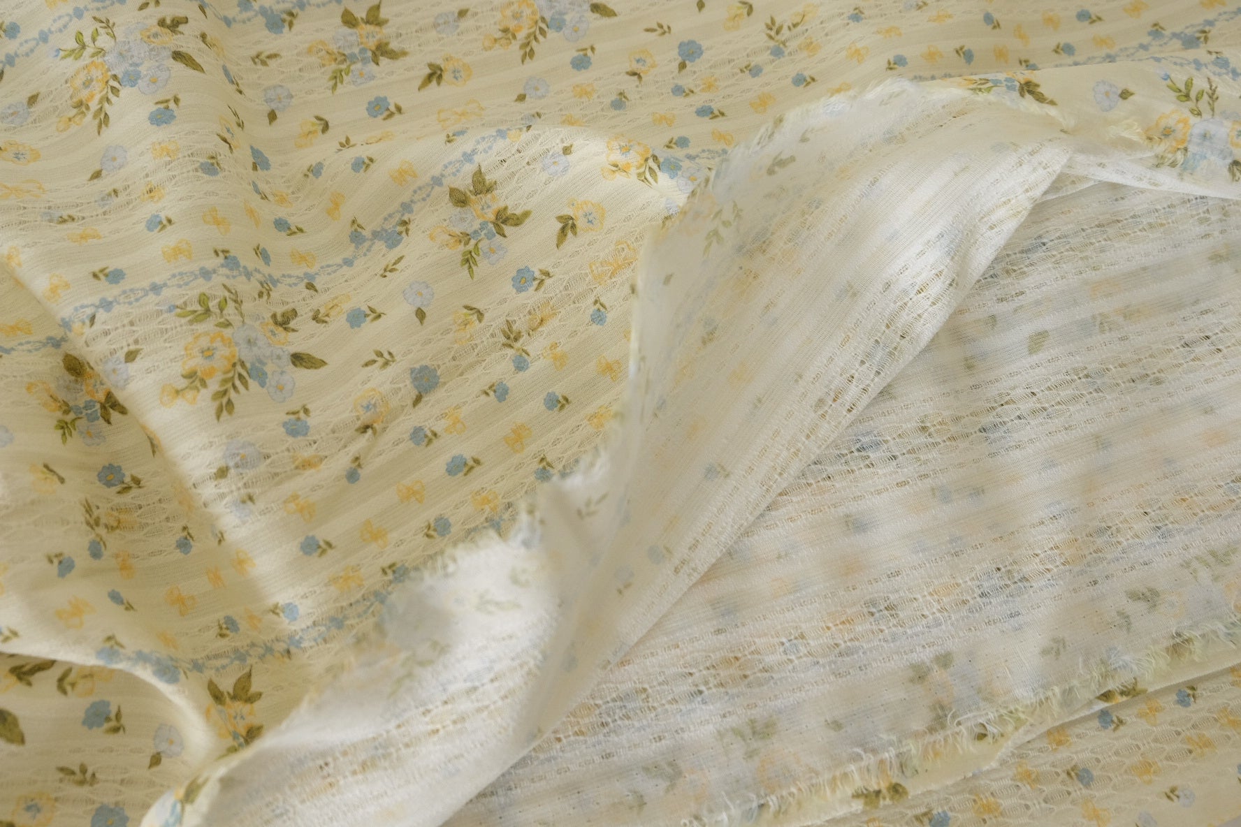 Cotton Jacquard Fabric – Delicate Blue & Yellow Floral Texture – 1.6 yd