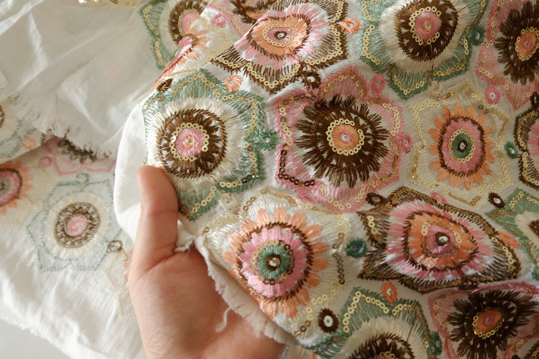 Heavily Embroidered Floral Tencel Cotton Fabric with Sequins – 2.73 yd Piece