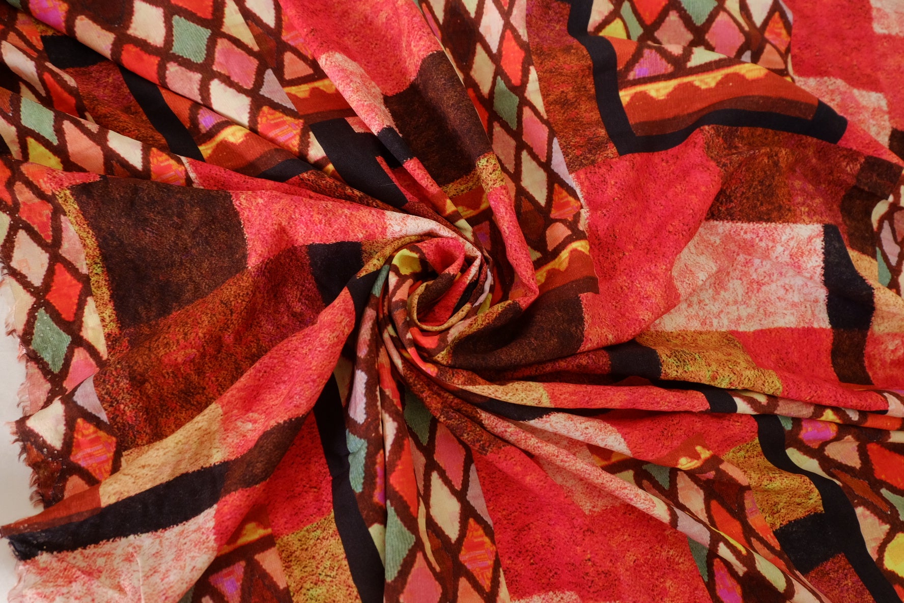 Warm Patchwork Mosaic Rayon Challis Fabric – 1.6 yd
