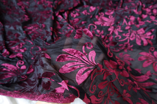 Burgundy Burnout Velvet Mesh with Stretch 3.3 Yards
