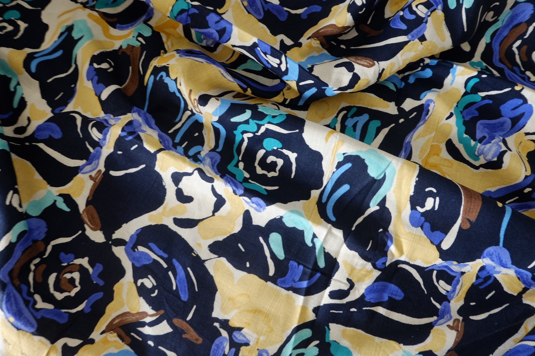 Abstract Navy & Mustard Cotton Linen Fabric – 1.75 yd