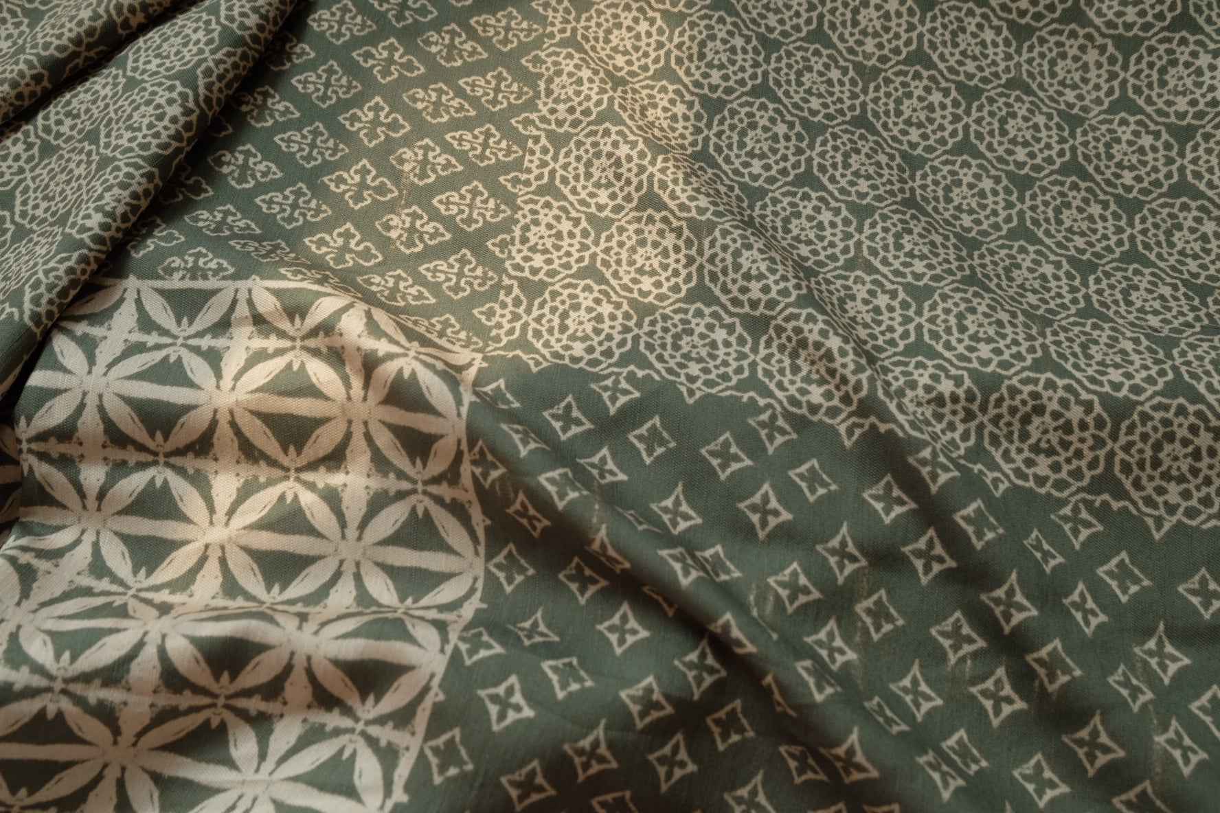 Muted Green Geometric Floral Fabric, Soft Dress Weight Poly Cotton Blend, 3.28 Yards