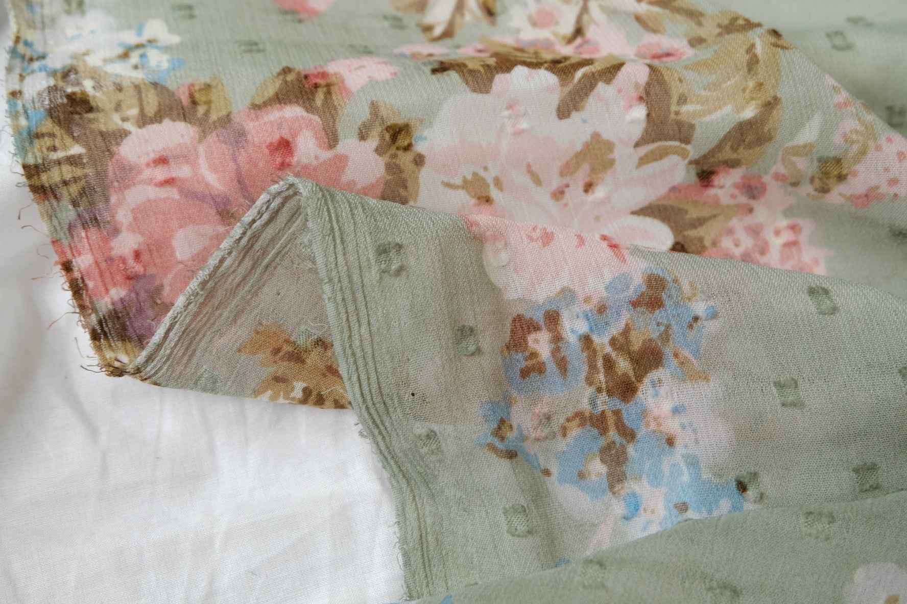 Sage Green Floral Dobby Chiffon Fabric, Sheer Lightweight Summer Dress Weight, 2.19 Yards