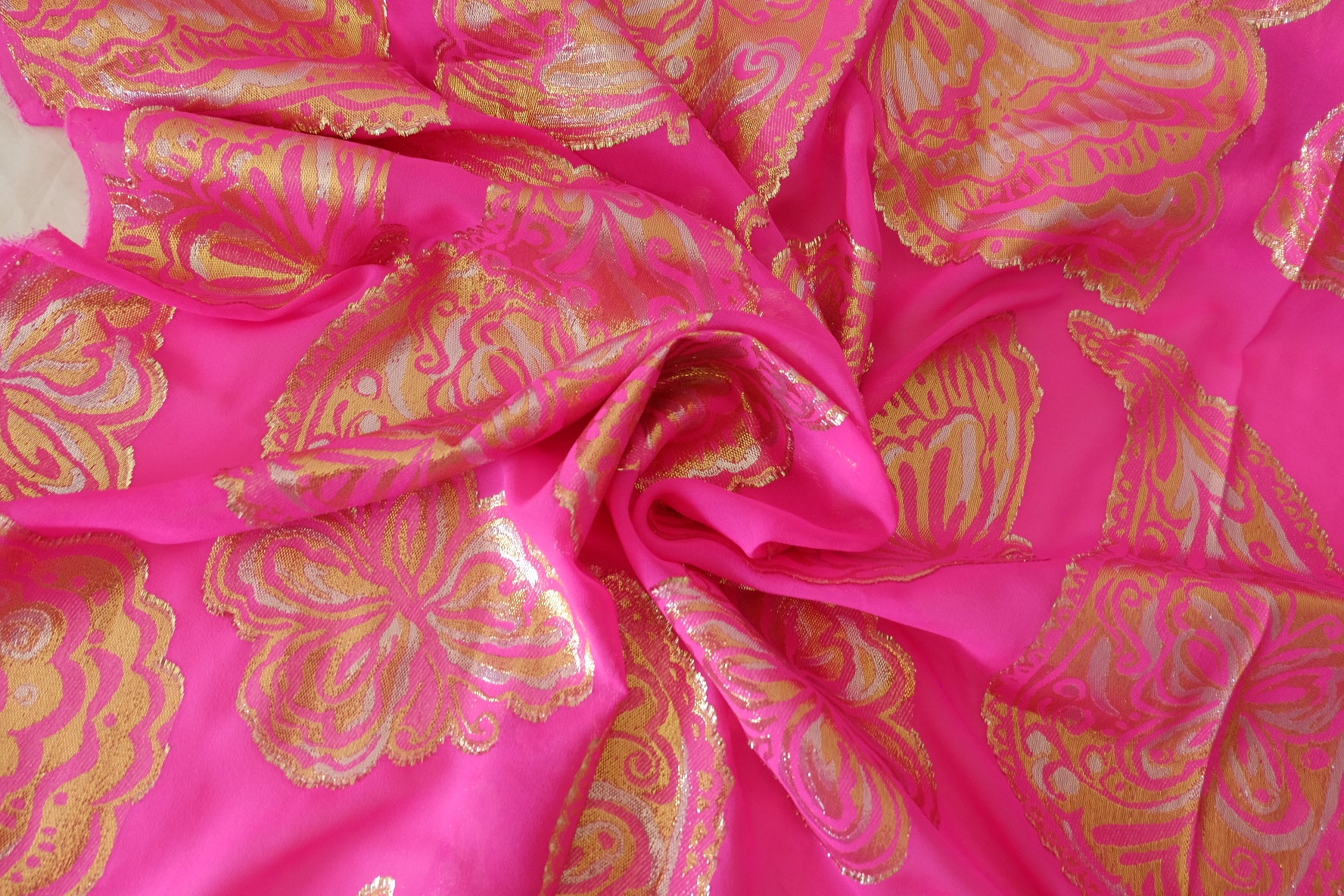 Pure Silk Metallic Embroidered Fabric – Fuchsia Gold Ornamental Jacquard – 2.3 yd