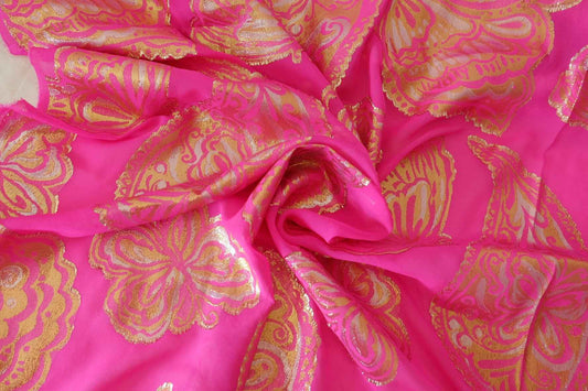 Pure Silk Metallic Embroidered Fabric – Fuchsia Gold Ornamental Jacquard – 2.3 yd