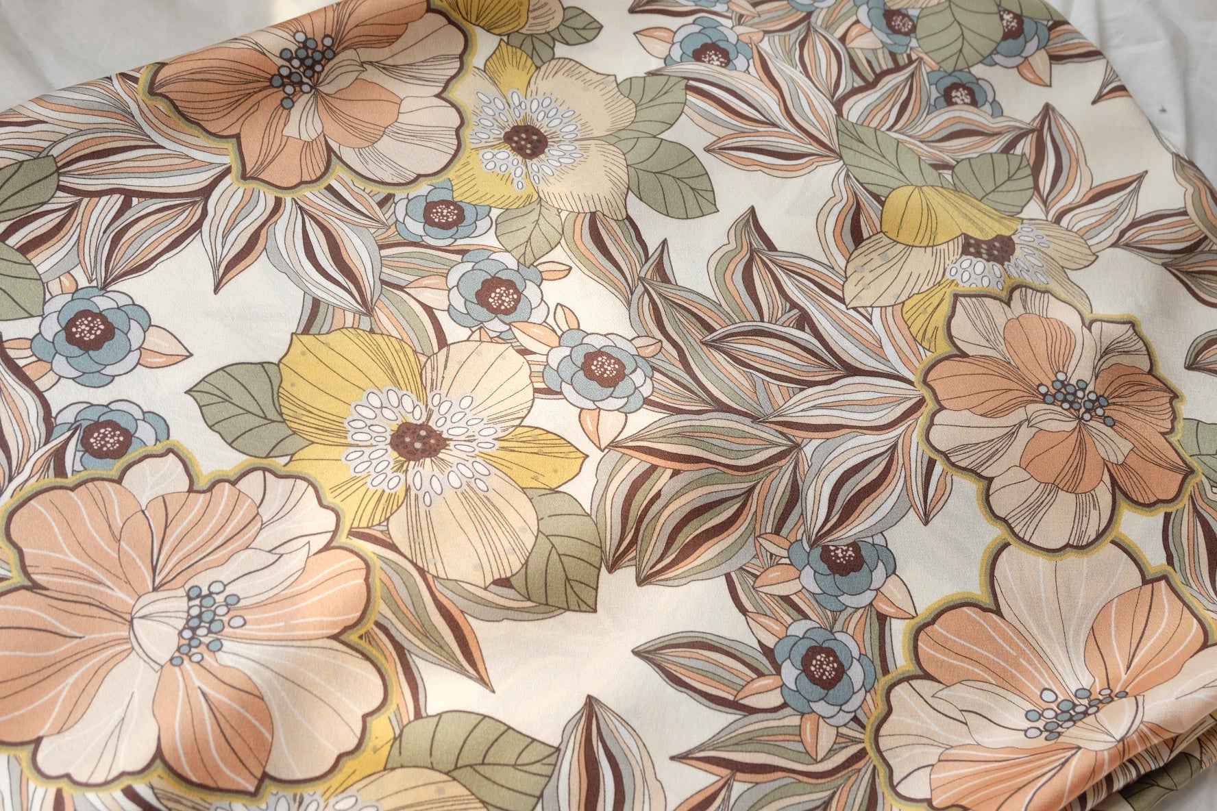 Vintage Floral Satin Fabric, Smooth Dress Weight in Cream, 3.28 Yards