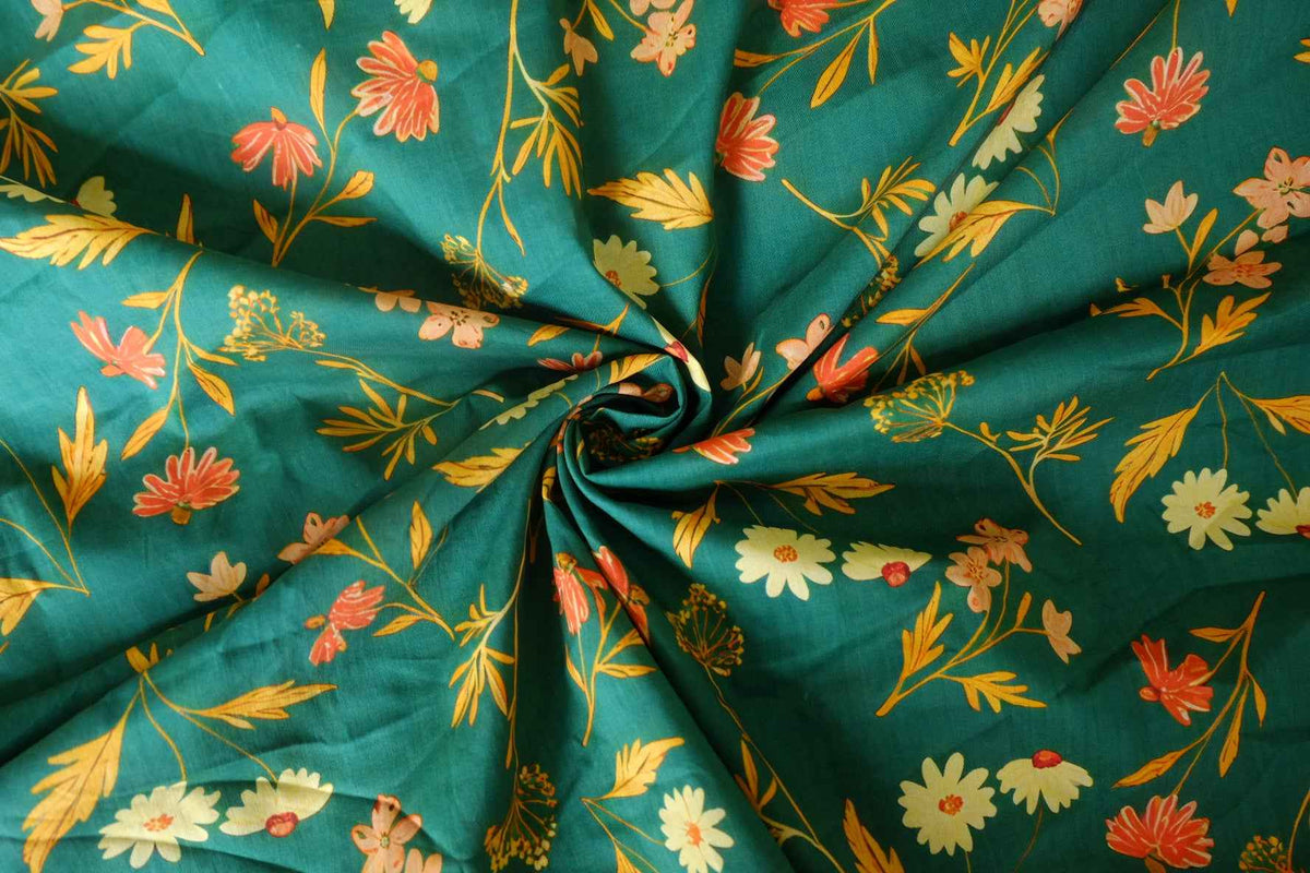 Teal Meadow Floral Cotton Lawn — 3.4 yd
