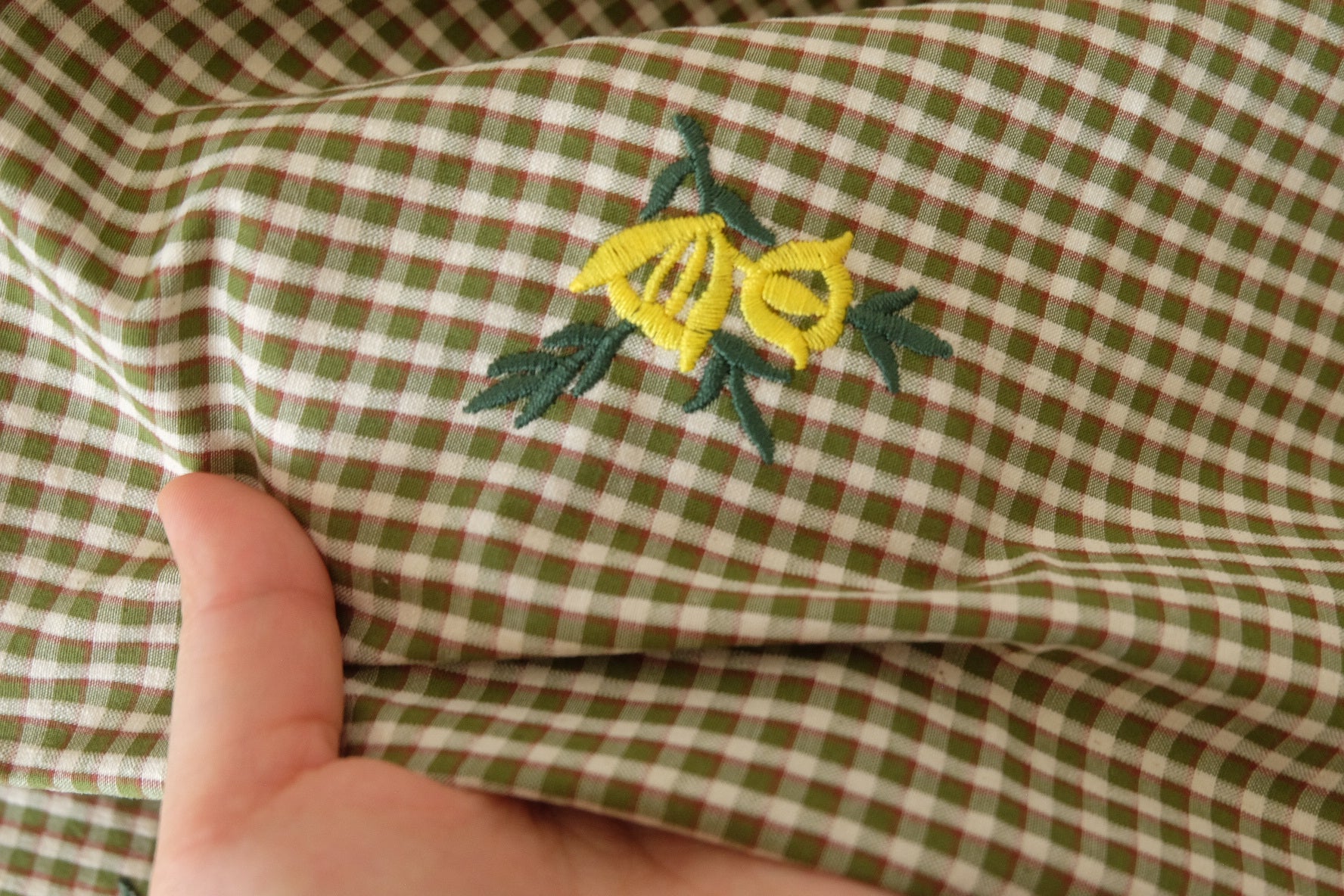 Embroidered Olive Gingham Cotton Fabric – Yellow Floral Detail – 1.1 yd