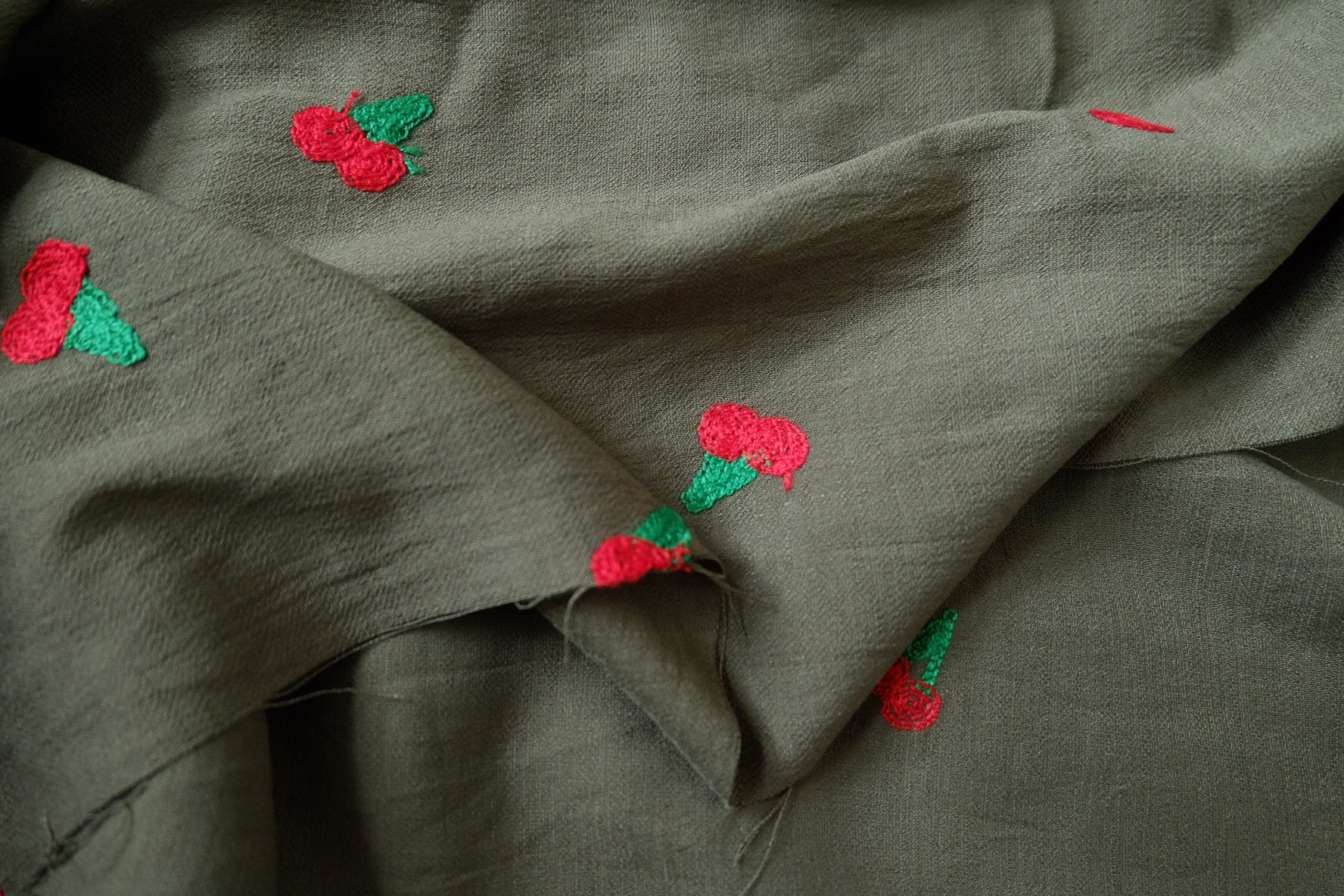 Cherry Embroidered Linen Cupro Blend Fabric, 2.19 Yards