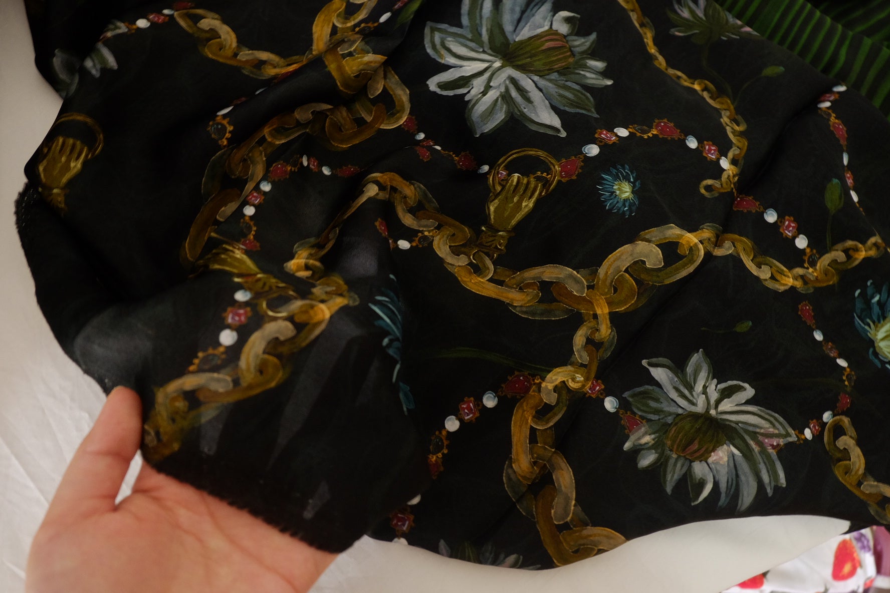 Green Scarf Print Border Rayon Fabric – 3.3 yd