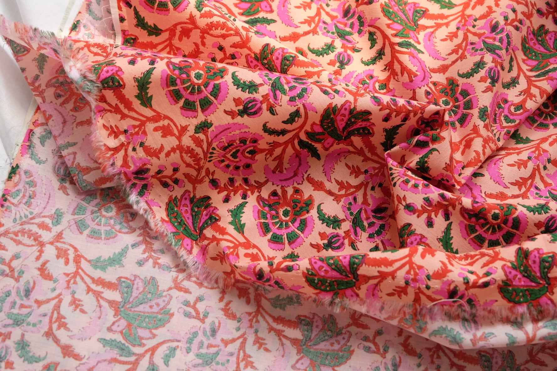 Peach Indian Floral Cotton Poplin Fabric, 60s Cotton Shirting Weight, 3.06 Yards