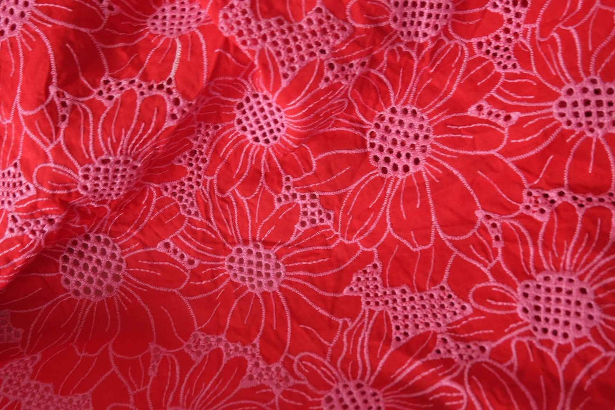 Red Floral Double-Border Embroidered Cotton — 1.75 yd
