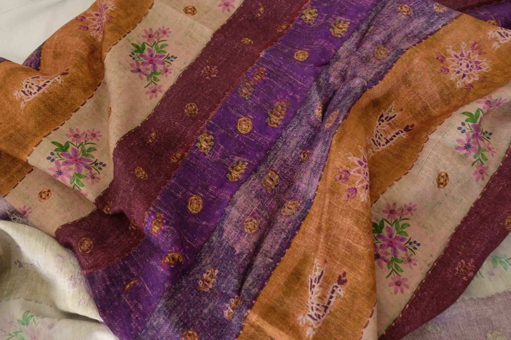 Purple & Brown Floral Stripe Rayon Linen Blend Fabric – 1.9 yd