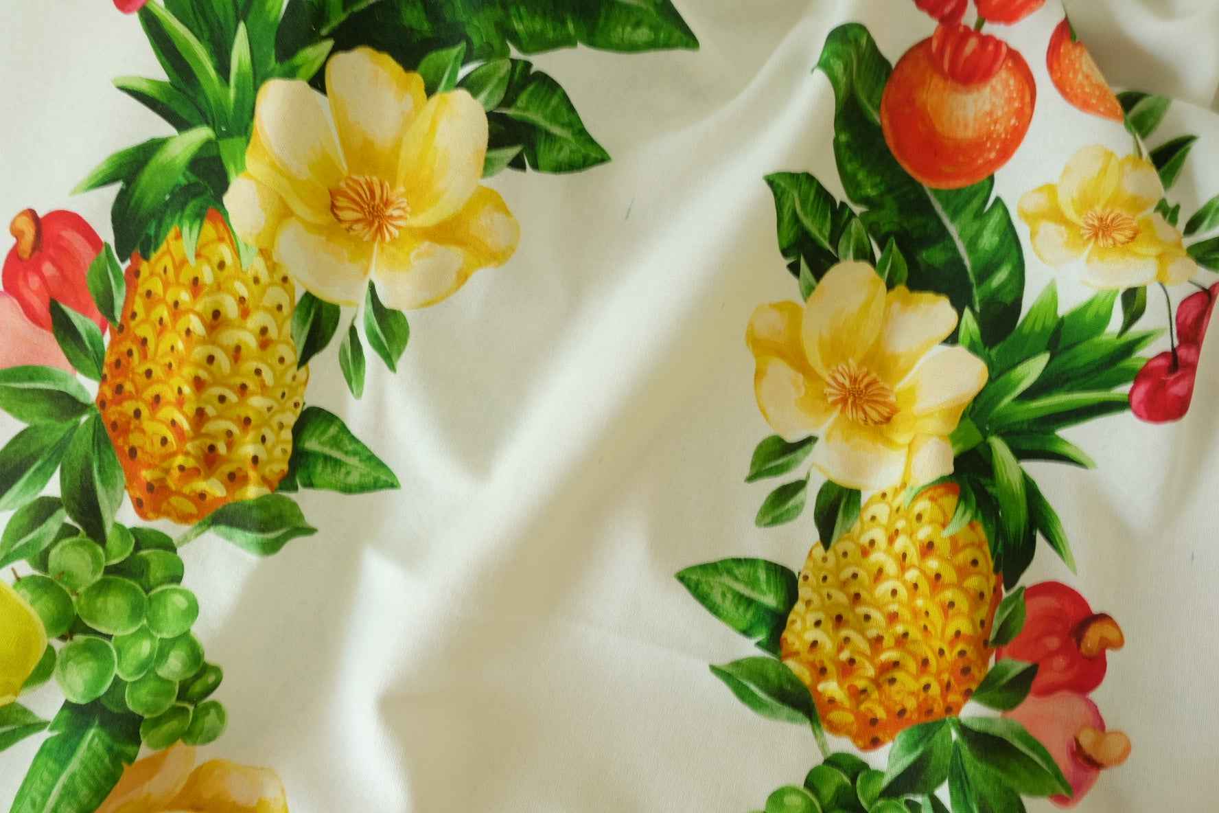 Farm Rio Style Linen Cotton Fabric – Tropical Fruit Floral Placement Print (1.8 yd, 1.45m Width)