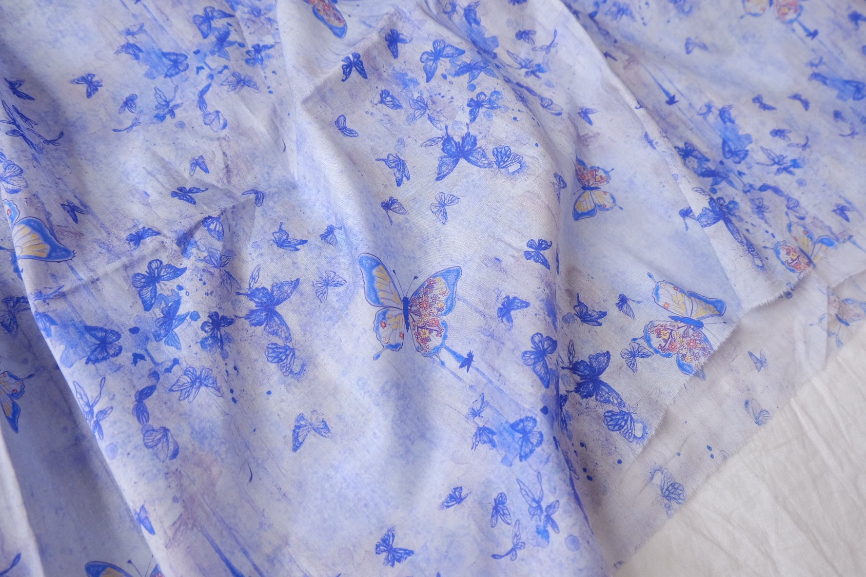 Blue Watercolor Butterfly Cotton Lawn — 2.19 yd