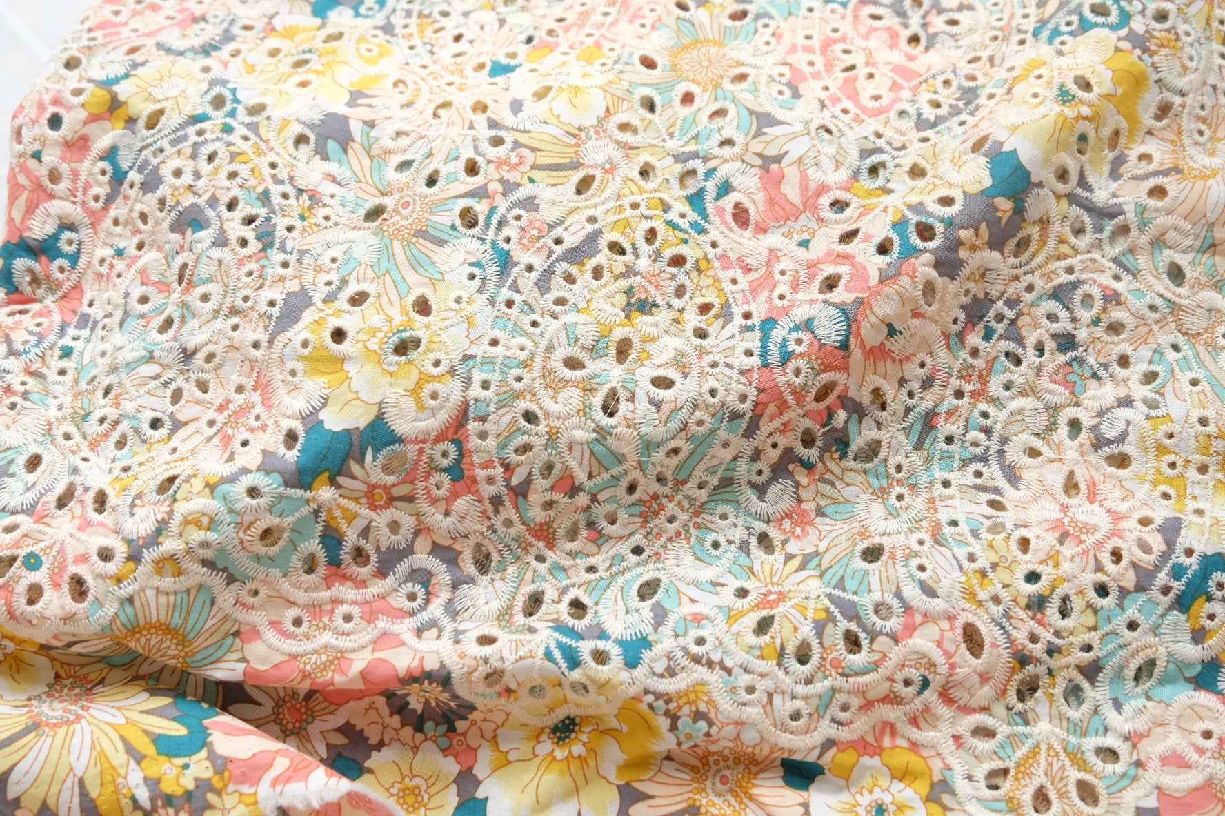Floral Embroidered Eyelet Cotton Fabric, Soft Dress and Blouse Weight, 1.64 Yards