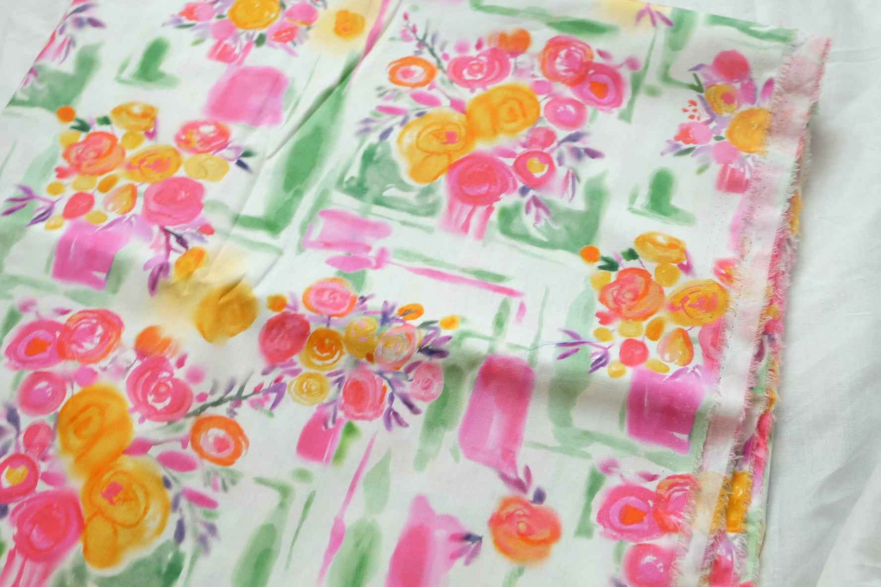 Watercolor Bouquet Cotton Poplin Fabric, Crisp Dress Weight, 3.28 Yards