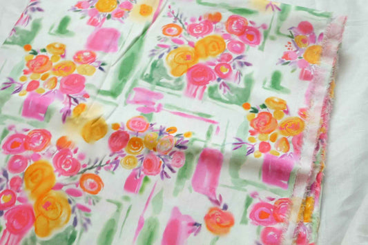 Watercolor Bouquet Cotton Poplin Fabric, Crisp Dress Weight, 3.28 Yards