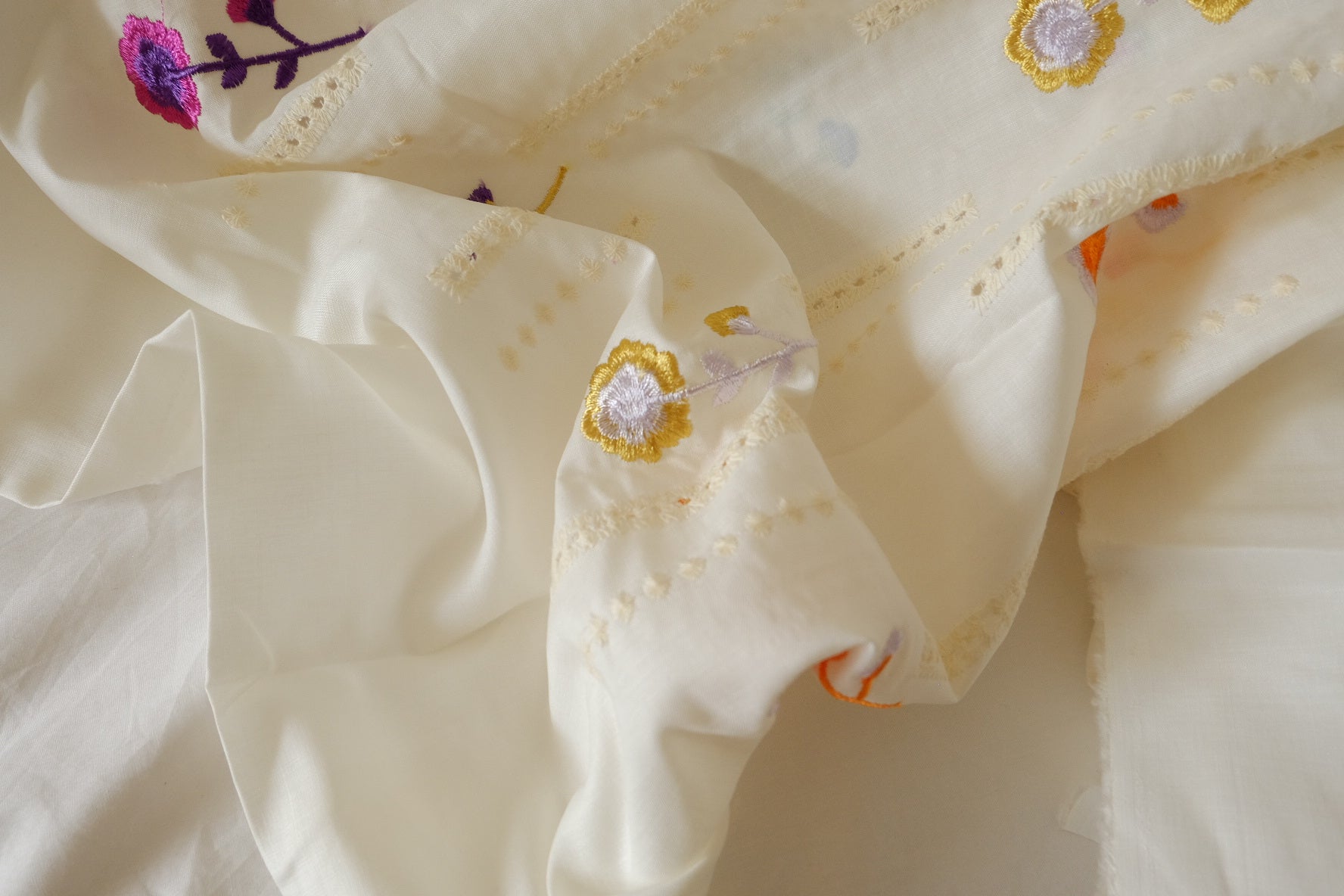 Embroidered Cotton Linen Fabric – Cream Ground with Colorful Floral Motifs – 1.6 yd