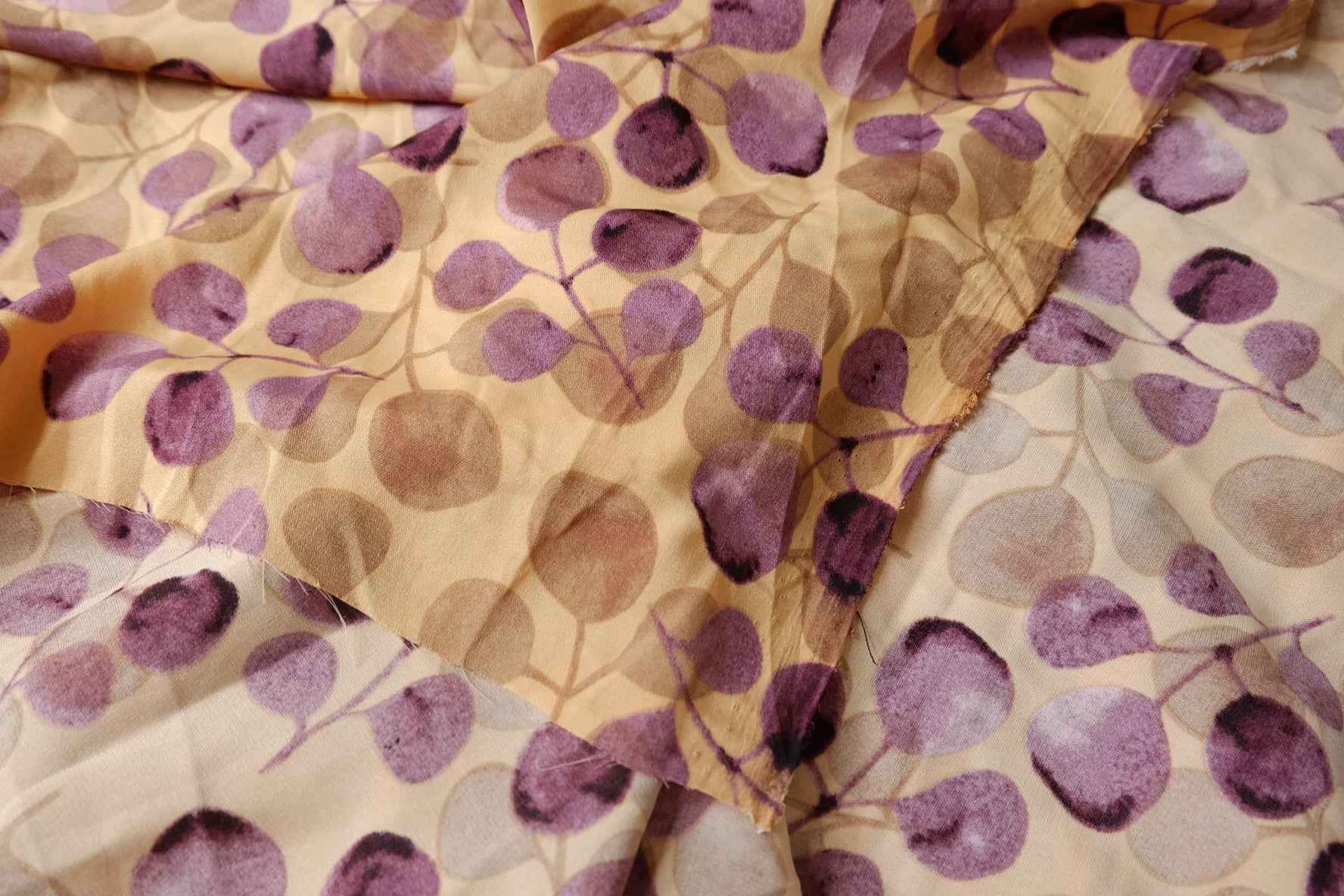 Watercolor Purple Leaf Chiffon Satin Fabric - 2.30 Yards