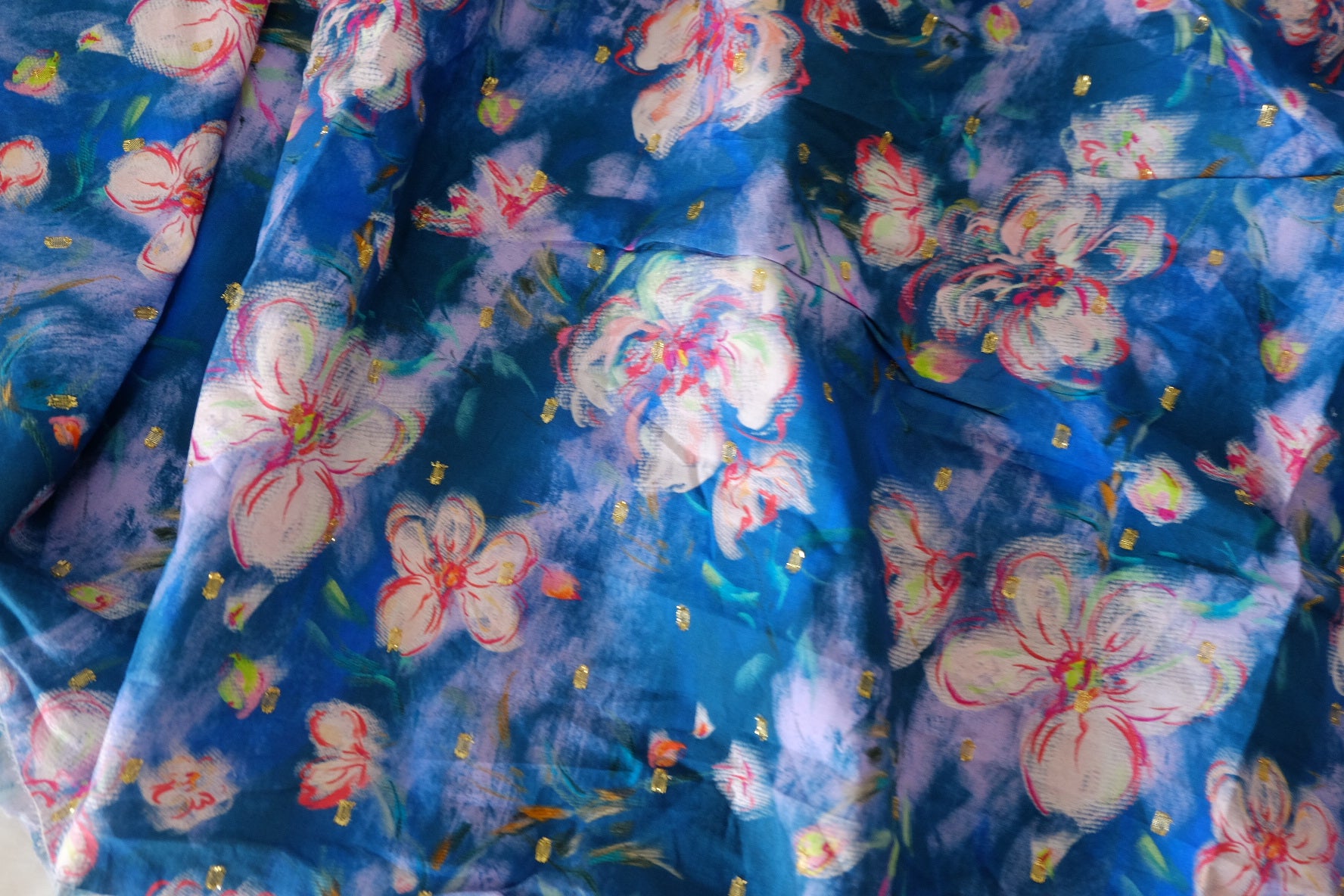 Cobalt Watercolor Floral Gold-Dot Cotton Lawn – 2 yd