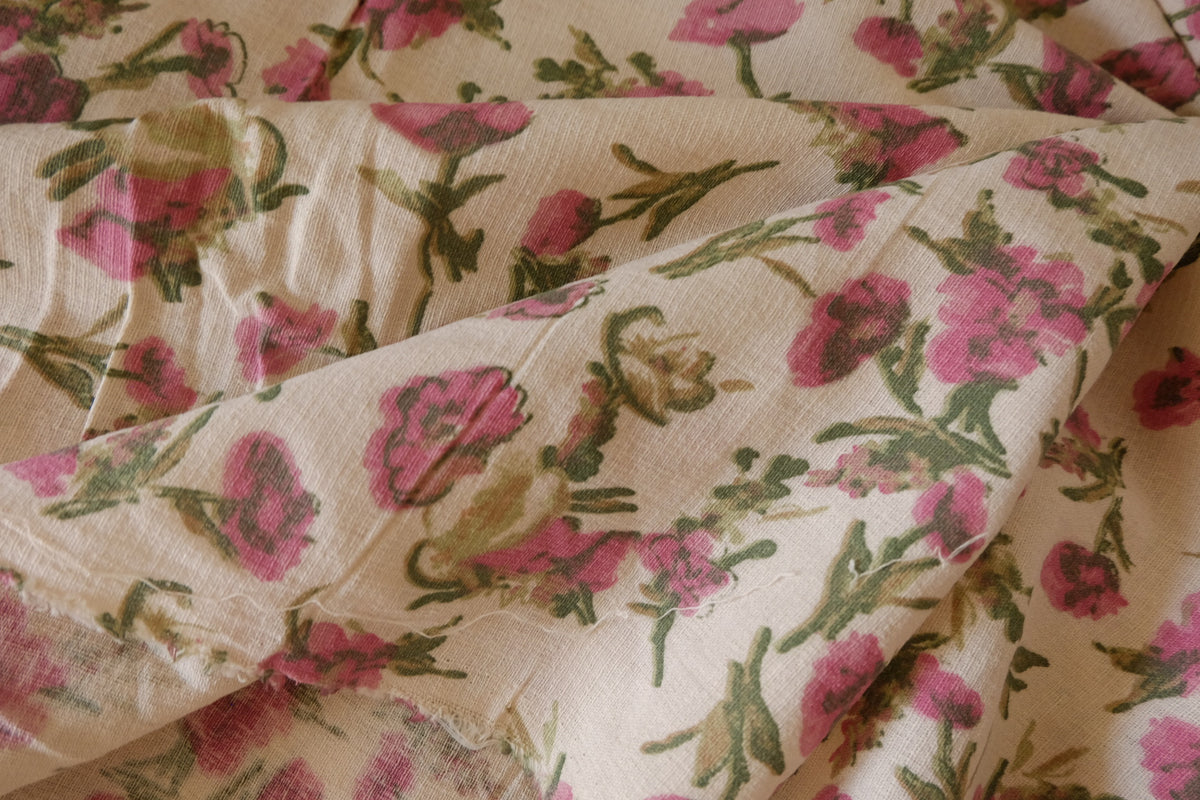 Vintage Pink Wildflowers – Cotton Linen Gauze Fabric | 2.3 Yards