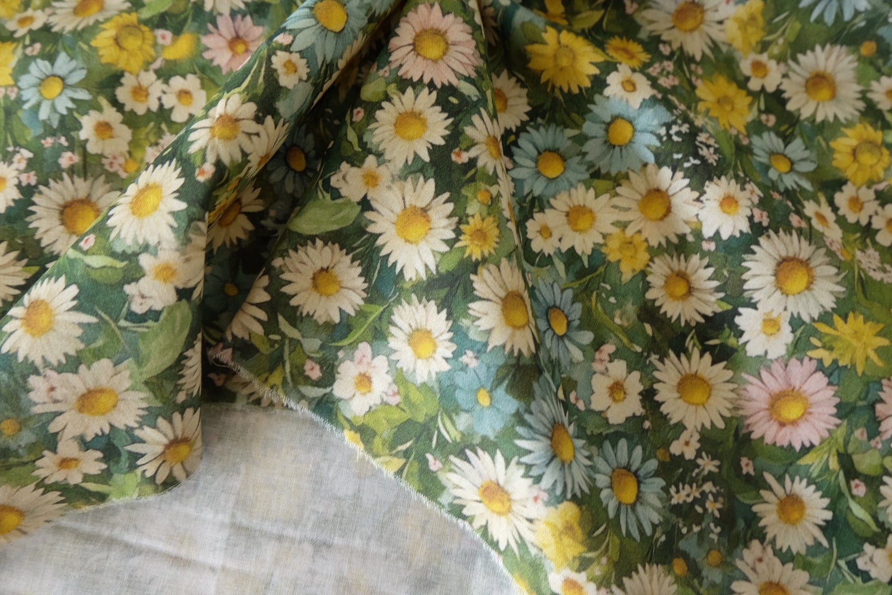 Daisy Meadow Cotton Fabric in Green - 2.2 yd