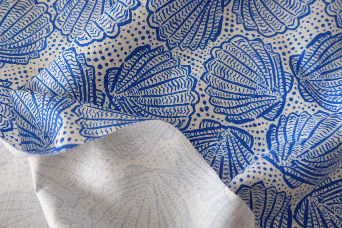 Blue Seashells – Cotton Linen Blend with Removable Backing – 2.2 yd