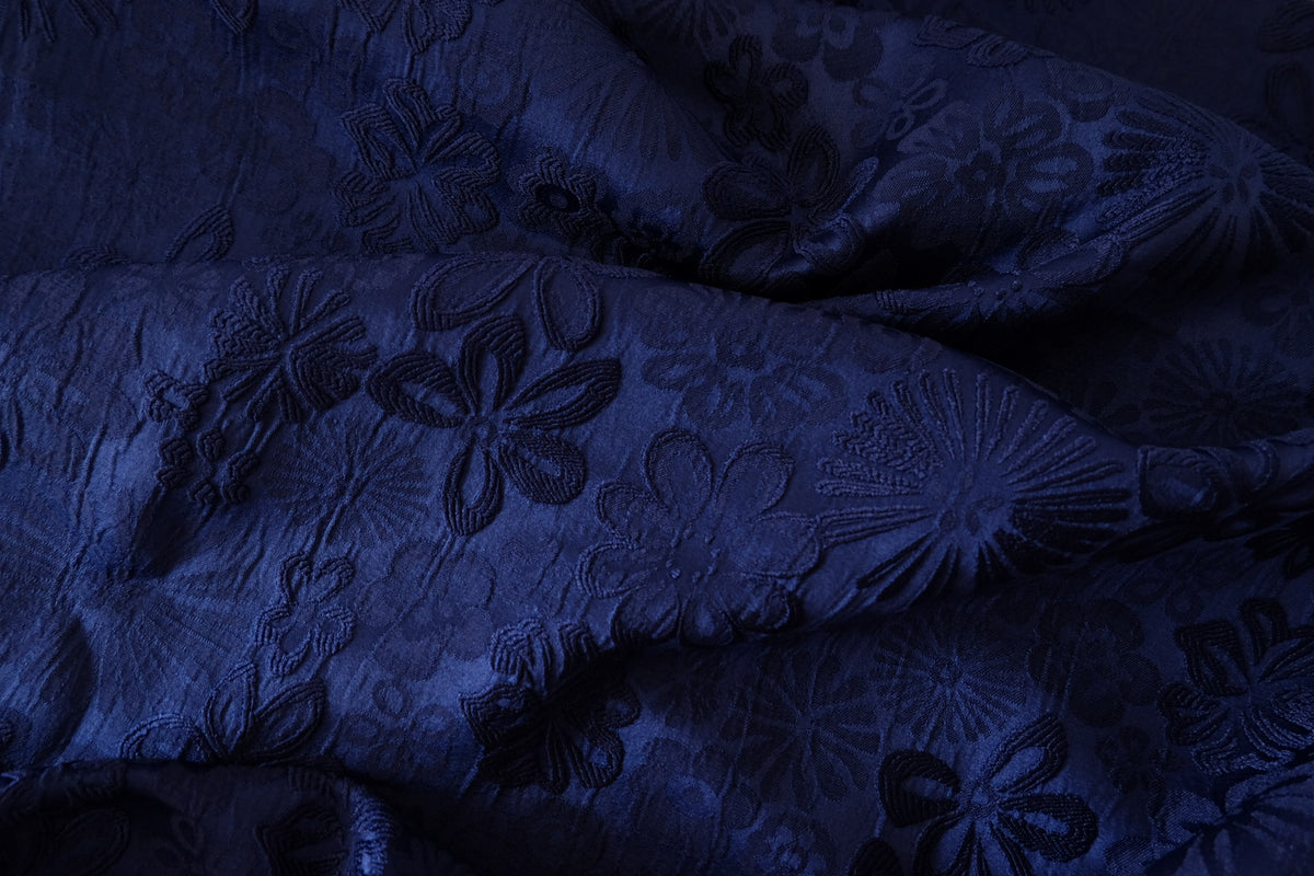 Midnight Blue Floral Jacquard – Polyester Satin Brocade Fabric | 2.2 Yards