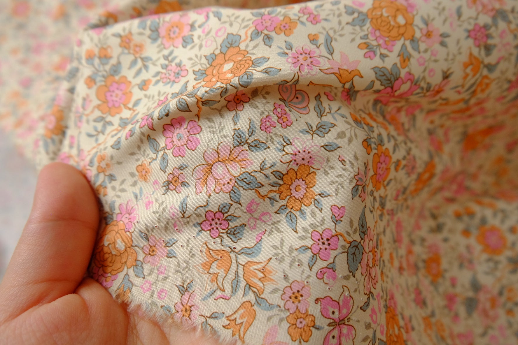 Vintage Apricot Floral Cotton Fabric - 3.28 yd