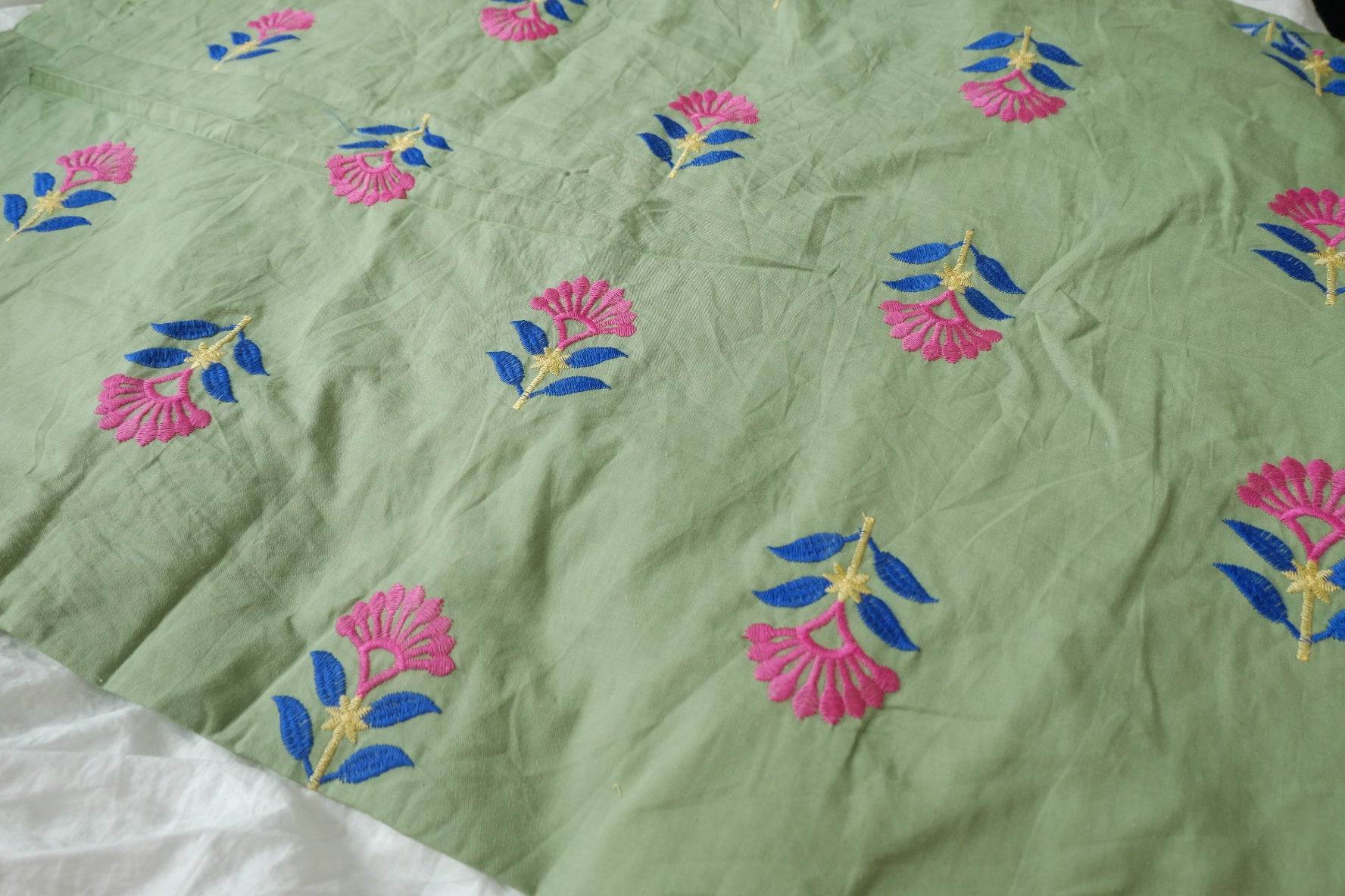 Sage Green Embroidered Cotton Fabric - 2.2 yd