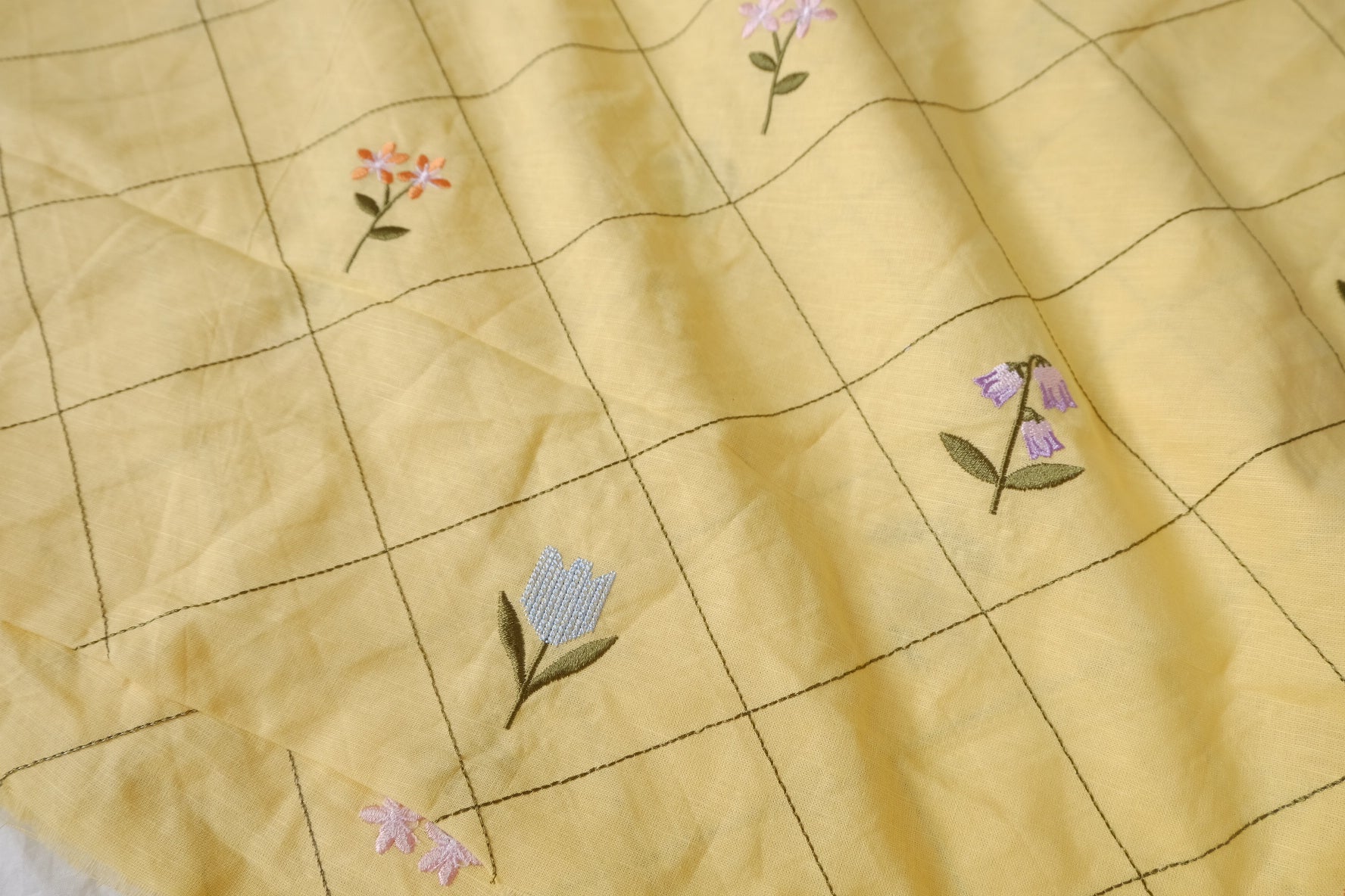 Yellow Embroidered Grid Linen Cotton, 2.19 Yards