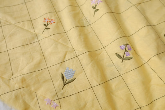 Yellow Embroidered Grid Linen Cotton, 2.19 Yards