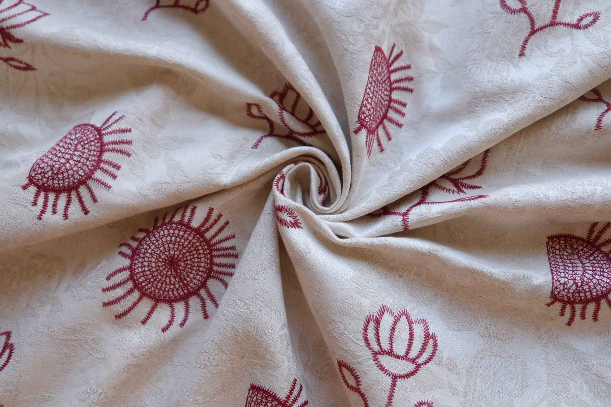 Burgundy Folk Floral Embroidered Jacquard Cotton Linen Fabric – 2.19 yd