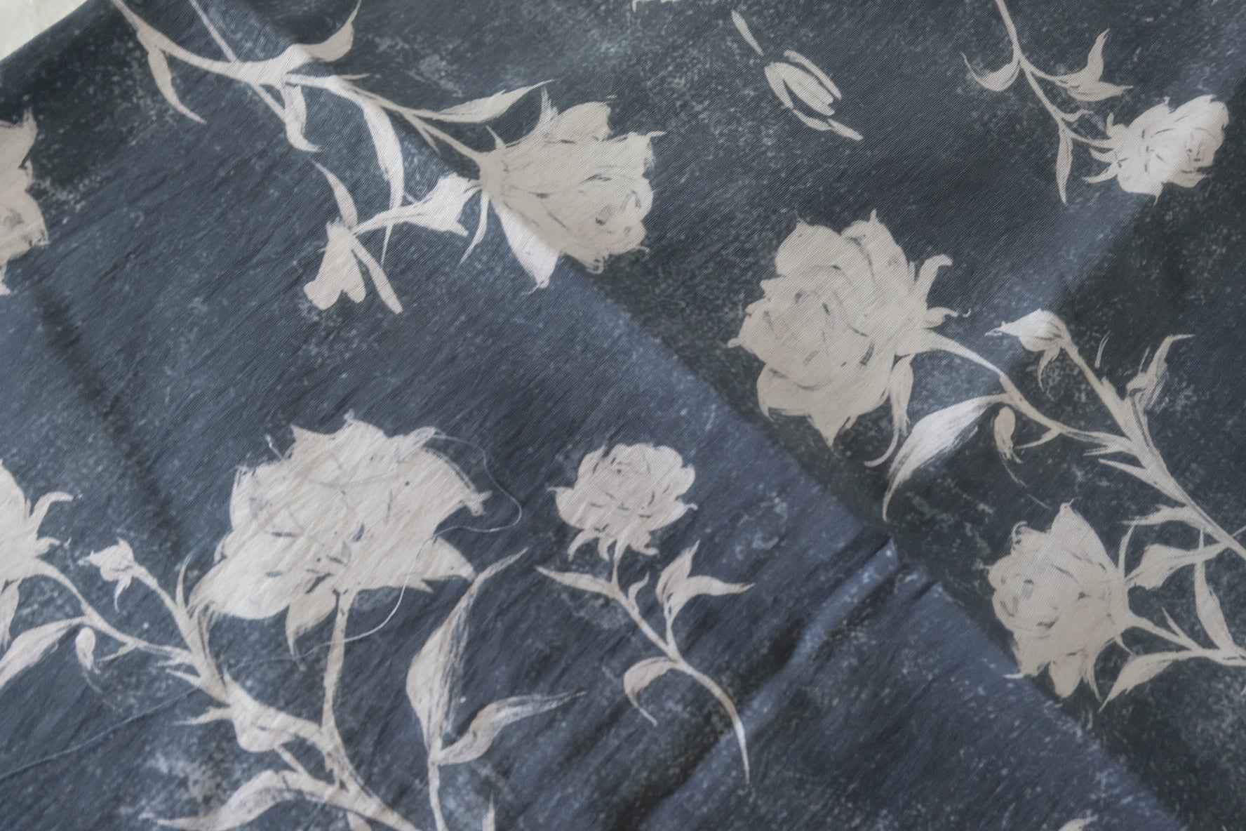 Rayon-Linen Blend Fabric – Dark Blue Rose Sketch Pattern-3.3 yd