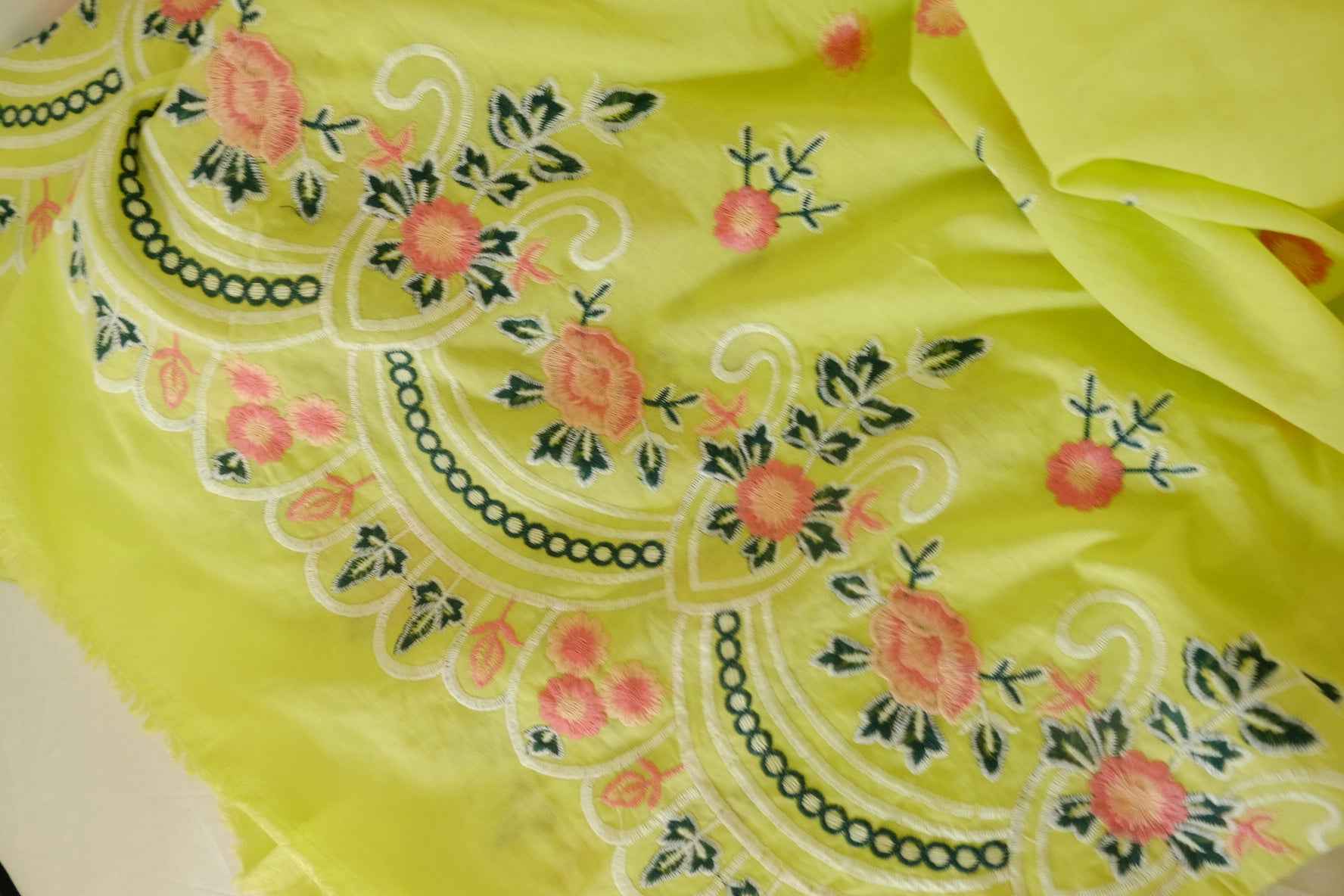 Lime Green Double Border Embroidered Cotton Fabric – 2.5 yd