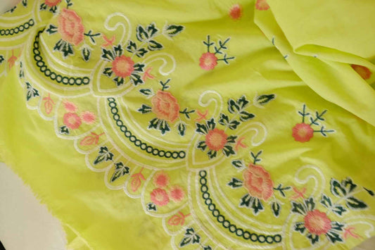 Lime Green Double Border Embroidered Cotton Fabric – 2.5 yd