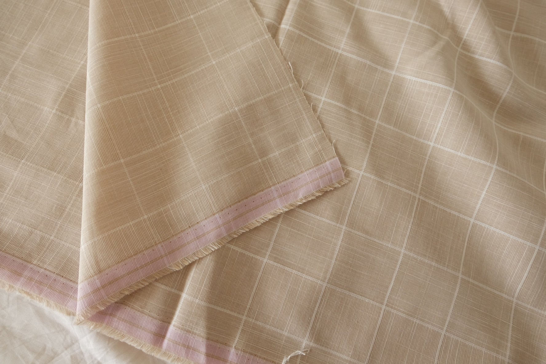 Yarn-Dyed Beige Check Linen Cotton Fabric - 1.6 yd