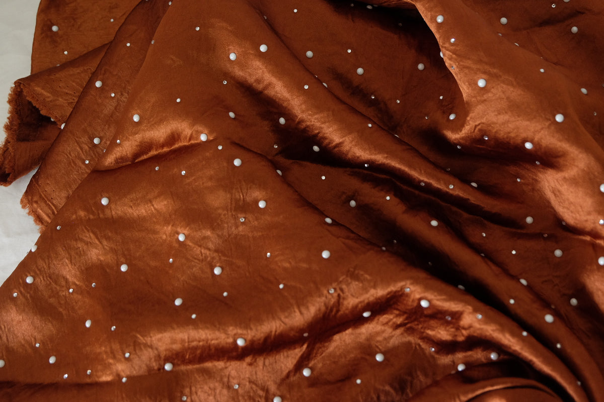 Burnt Copper Pearl-Embellished Acetate Blend Satin – 2 yd
