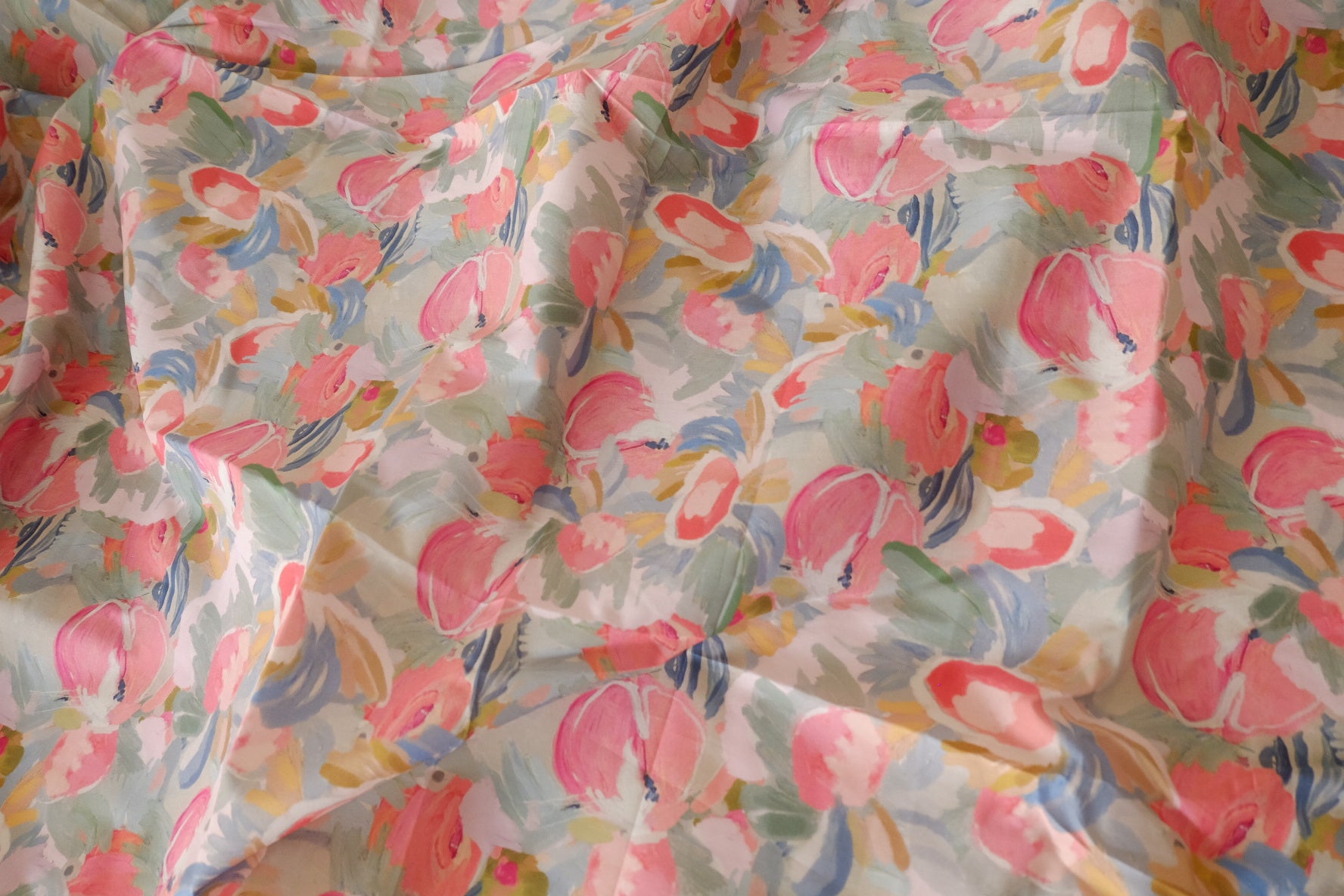 Coral Rose Painted Bouquet Cotton Lawn Fabric – 3.83 yd Piece