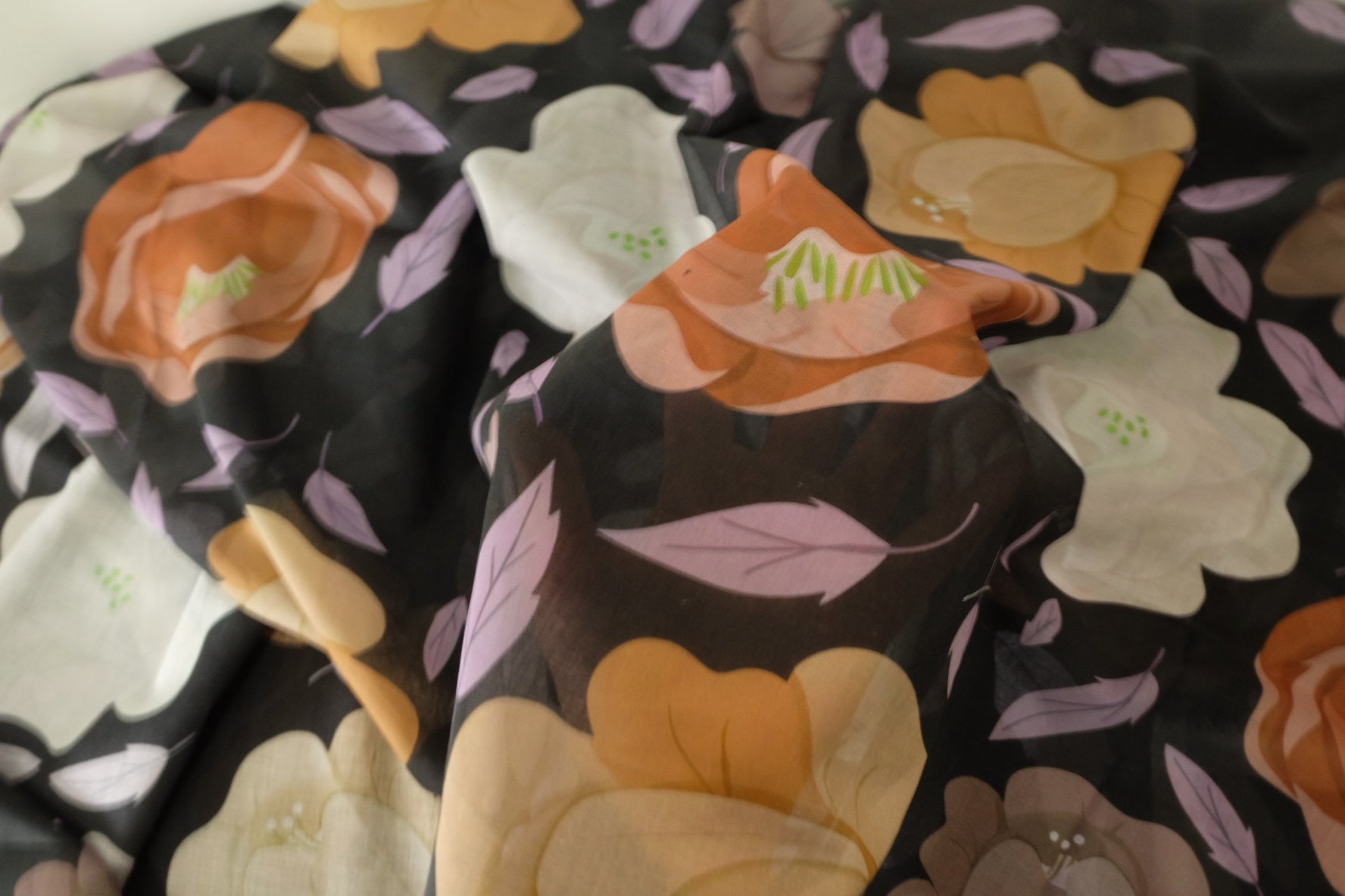 Black Oversized Floral 100s Cotton Fabric - 3.3 yd
