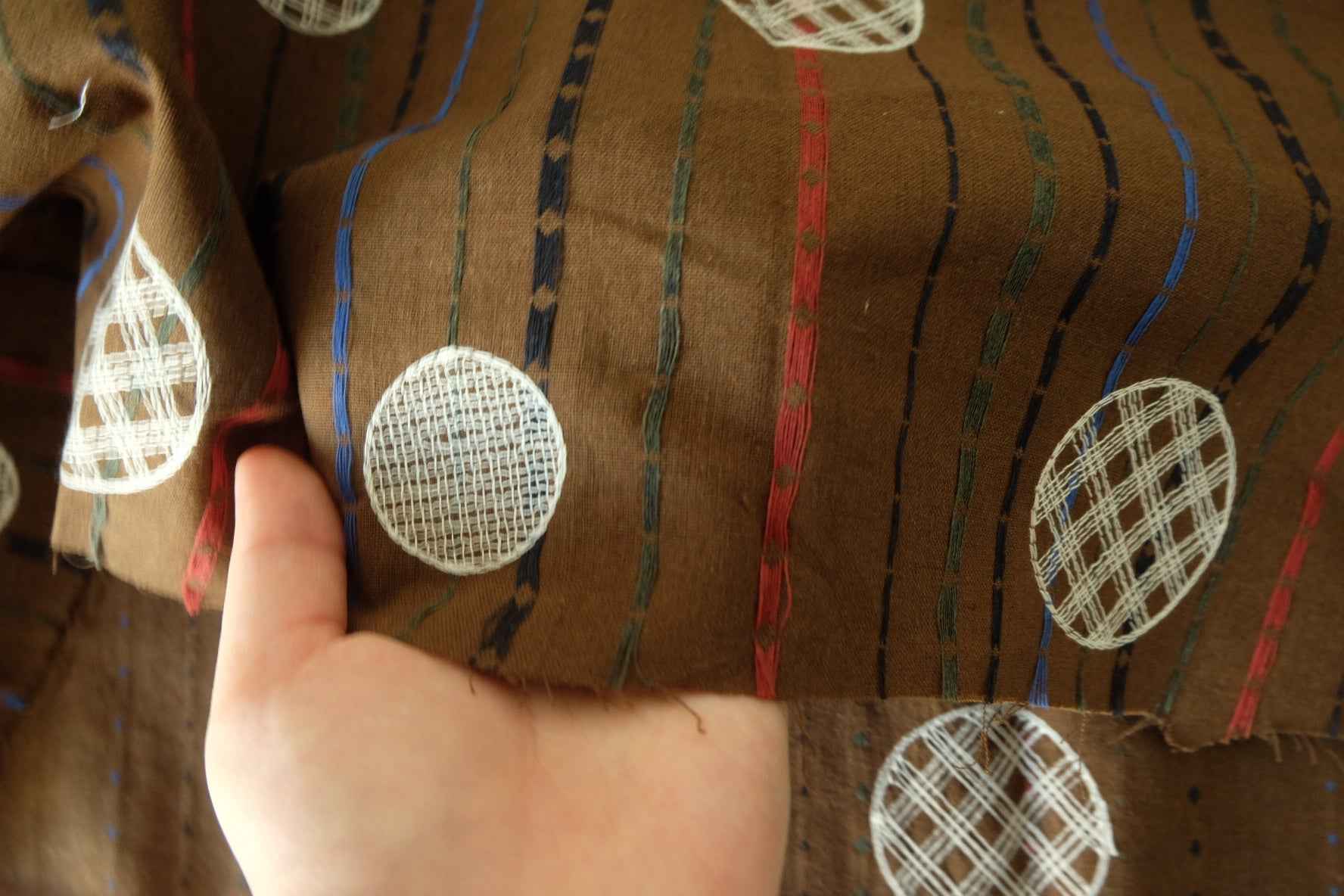 Brown Striped Linen Cotton Fabric with Circle Embroidery – 1.4 yd