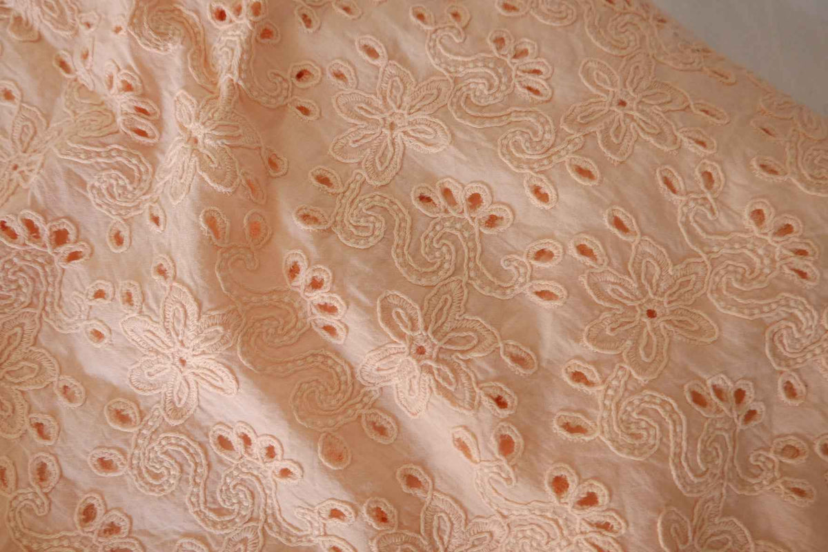 Peach Floral Embroidered Cotton Eyelet Fabric – 1.7 yd